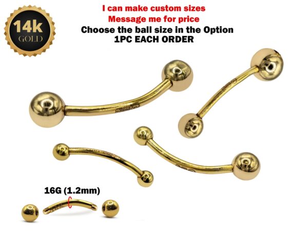 14K Solid Gold 16G Curved Barbell Piercing - Custom Ball Sizes Combination Body Piercing for Eyebrow, Lip Studs, Rook Jewelry