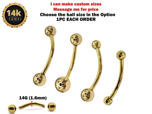 14K Solid Gold 14G Curved Barbell Piercing - Body Piercing for Eyebrow, Lip Studs, Rook Jewelry - Custom Ball Sizes Combination