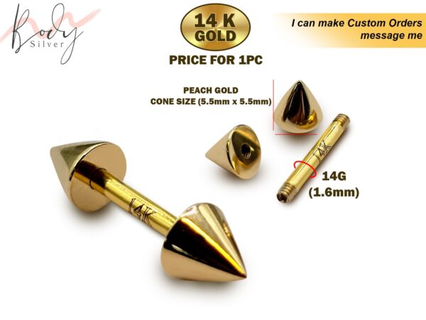 14K Gold Cone Barbell Piercing, Cone Barbell Earrings - 14G Body Piercing Jewellery 6mm to 18mm