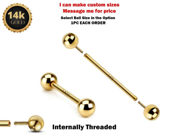 14K Solid Gold Internal Threaded Barbell Piercing - 14K Gold Body Piercing for Ears, Tongue, Nipples Jewelry, Cartilage Bar - 14G 16G