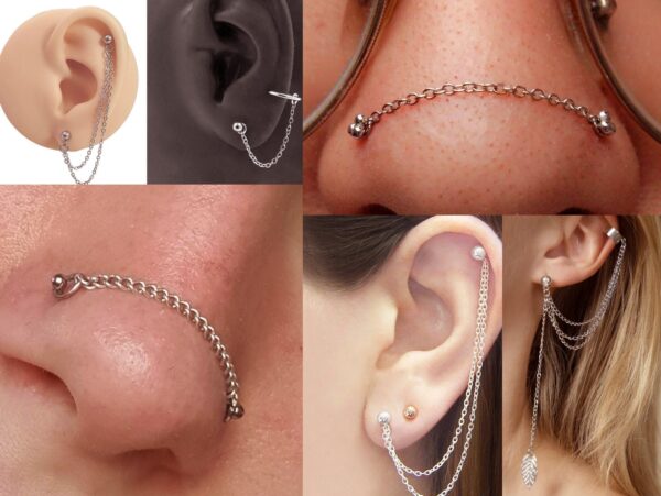 Silver Piercing Chains for Barbells, Curved barbell, Body Jewellery Chains, Nipple Chains, Nose Bridge Chains