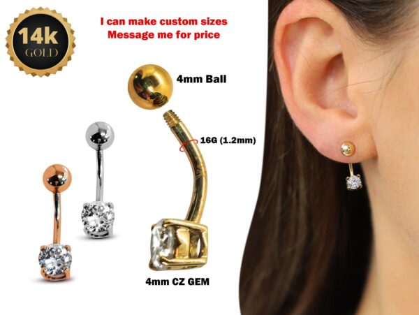 14K Solid Gold Dangle Earrings 16G Curved Barbell with Prong Set CZ Stone - Beautiful Design and Unique Piercing