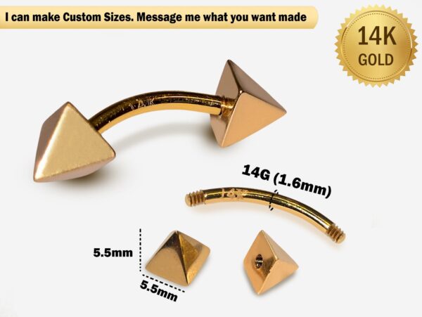 14K Gold Pyramid Design Spike Eyebrow Piercing Curved Barbell Piercing, Cartilage Piercing, Belly Ring - 14G Body Jewellery Gold Bent Bar