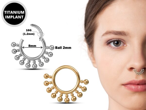 Titanium Septum Clicker Ring, Nose Septum Jewelry with Crown Ball Design - 16g size 8mm Piercing Hinged Ring - Clicker Hoops