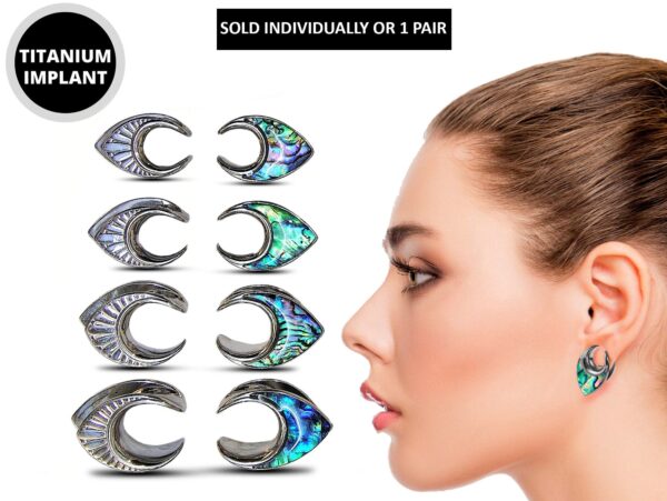 Titanium Saddle Plugs Ear Stretching with Abalone Shell - Ear Tunnels, Reverse Ear Plug Earrings - Body Piercing Jewellery Ear Gauges