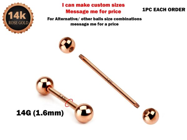 14K Rose Gold 14G Tongue Bar, Nipple Jewellery, Cartilage Barbell Piercing, Nose Bridge - Body Piercing Jewelry