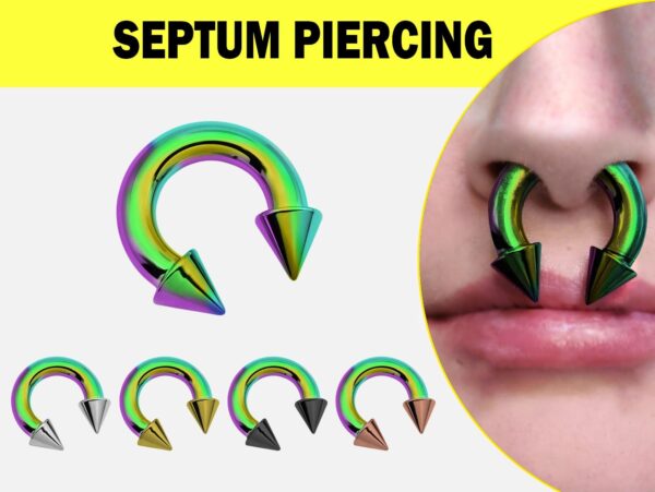 Rainbow Spike Septum Piercing Internally Threaded Horseshoe Barbell CBB/BCR Big Gauge Septum Ring, PA Ring Combination - British Standard