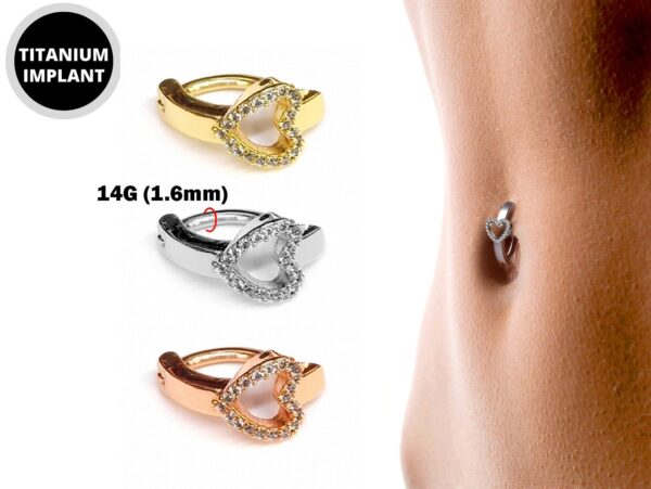 Titanium Reverse Heart Clicker Belly Ring, Navel Ring with CZ Stone Crystals - 14G Belly Bar Size 10mm - Gold, Rose Gold, Silver Tone