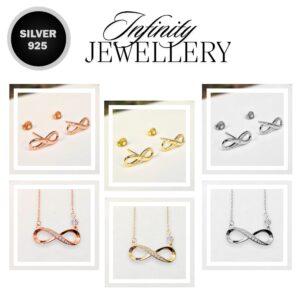 Silver Infinity Stud Earrings and Pendant Necklace Available as a Sets - With CZ Crystals - Endless and Boundless Jewellery