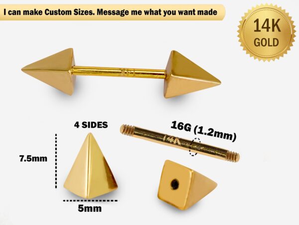 14K Real Gold 4 Side Spike Pyramid Barbell Piercing, Nipple Jewelry, Barbell Earrings - 16G Body Jewellery Straight Barbell Stud