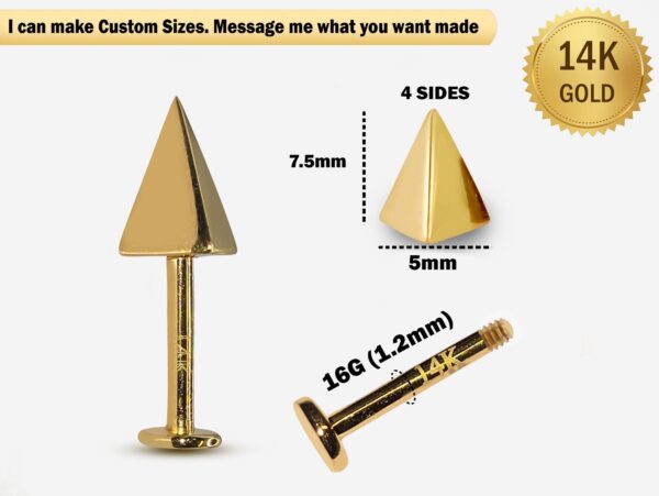 14K Gold Spike Labret Stud Lip Jewellery, Lip Piercing Tragus Earring - Pyramid Design - 16G Body Jewellery Gold Lip Bar