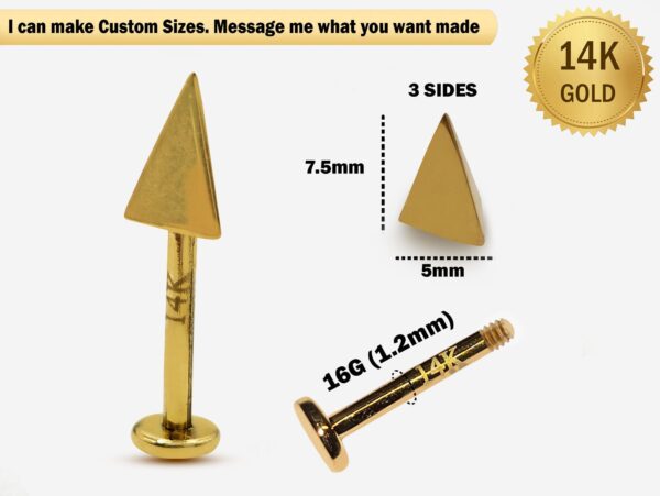 14K Gold Spike Pyramid Labret Stud Lip Jewellery, Lip Piercing Tragus Earring - 16G Body Jewellery Gold Lip Bar