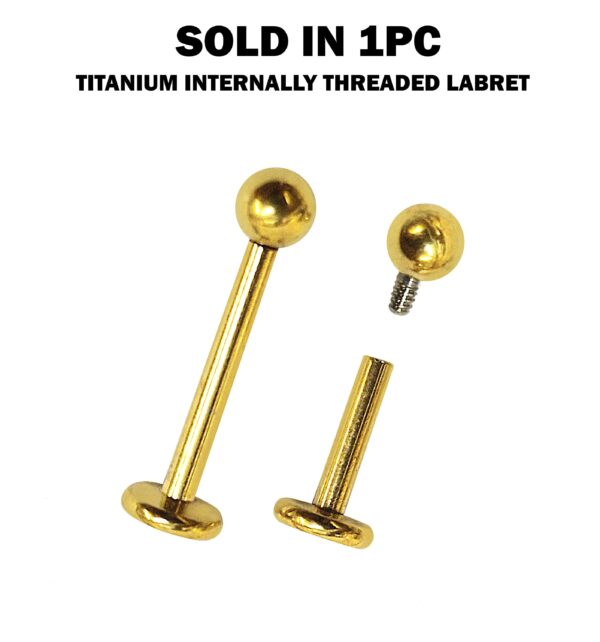 Titanium Gold Labret Stud Piercing 16G 14G Internally Threaded Lip Jewellery, Lip Ring, Tragus Earring - 6mm to 12mm