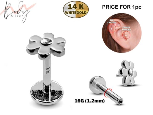 14K White Gold Flower Tragus Earring, Labret Stud, Helix Cartilage Piercing - Internally Threading Body Jewellery Ear Piercing