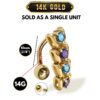 Solid 14K Gold Belly Button Ring - 14K Gold Inverted Belly Ring, Belly Bar, Navel Jewellery with Moving joints parts and Precious Stones