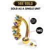 14K Solid Gold Reverse Belly Button Ring - Inverted Belly Ring, Belly Bar, Navel Jewellery with Moving joints parts and Precious Stones