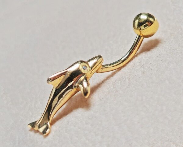 14K Gold Belly Ring - Dolphin Belly Bar, 14G Belly Button Piercing, Navel Jewellery -Hand Made Gold Body Jewellery Rings