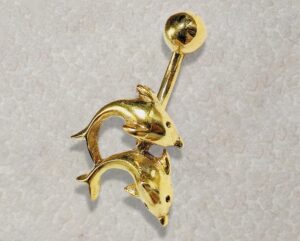 14K Gold Belly Bar, Button Ring - Two Dolphin Belly Bar, Belly Button Piercing, Navel Ring- 14G 10MM Hand Made Gold Body Jewellery