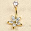 14K Solid Gold Flower Belly Bar, Button Ring, Top Crown with Gem Crystal Belly Button Rings, Navel Jewellery - Hand Made Body Jewellery