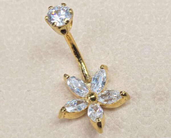 14K Solid Gold Flower Belly Bar, Button Ring, Top Crown with Gem Crystal Belly Button Rings, Navel Jewellery - Hand Made Body Jewellery