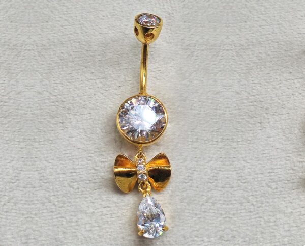 14K Gold Dangle Bow Belly Ring, 14G Crystal Belly Ring Length 10mm - Hand Made Body Jewellery Piercings