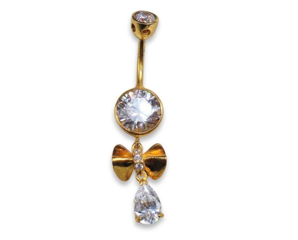 14K Gold Dangle Bow Belly Ring, 14G Crystal Belly Ring Length 10mm - Hand Made Body Jewellery Piercings