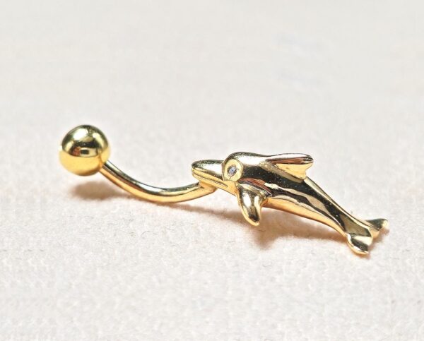 14K Gold Belly Ring - Dolphin Belly Bar, 14G Belly Button Piercing, Navel Jewellery -Hand Made Gold Body Jewellery Rings