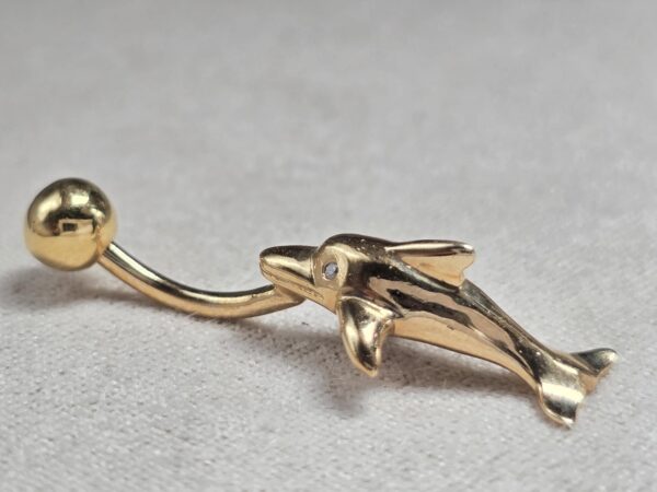 14K Gold Belly Ring - Dolphin Belly Bar, 14G Belly Button Piercing, Navel Jewellery -Hand Made Gold Body Jewellery Rings