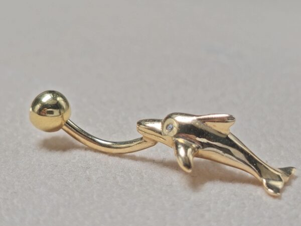 14K Gold Belly Ring - Dolphin Belly Bar, 14G Belly Button Piercing, Navel Jewellery -Hand Made Gold Body Jewellery Rings