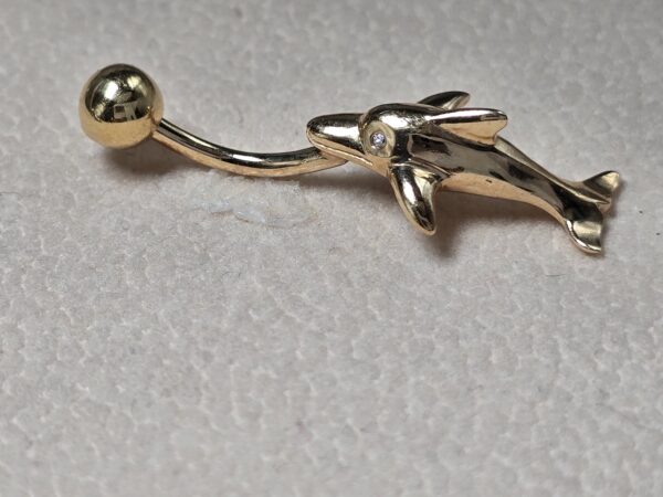 14K Gold Belly Ring - Dolphin Belly Bar, 14G Belly Button Piercing, Navel Jewellery -Hand Made Gold Body Jewellery Rings