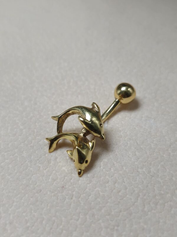 14K Gold Belly Bar, Button Ring - Two Dolphin Belly Bar, Belly Button Piercing, Navel Ring- 14G 10MM Hand Made Gold Body Jewellery