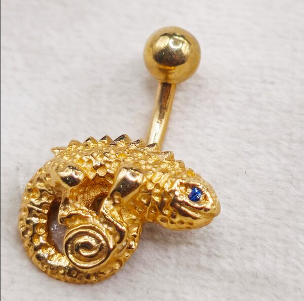 14KSolid Gold Belly Bar, Button Ring, Chameleon Lizard Belly Bar, Gold Belly Button Ring- Hand Made Body Jewellery Piercings