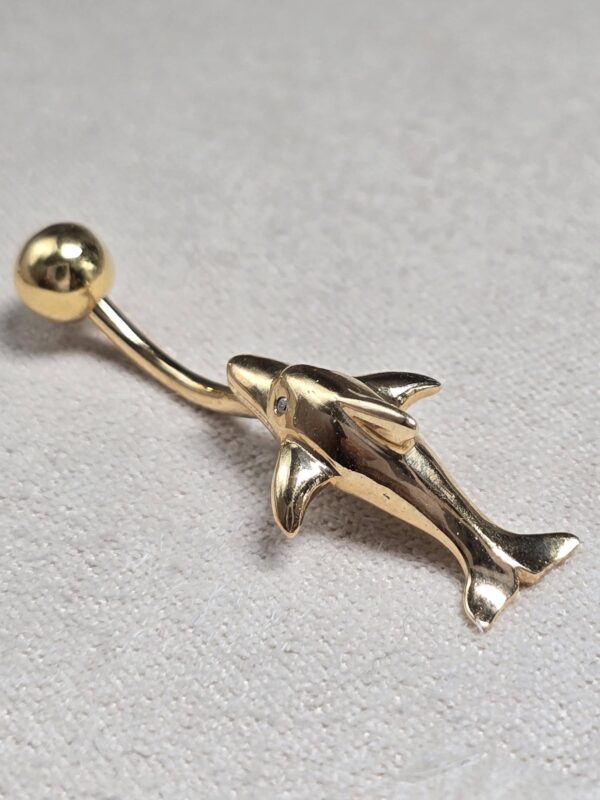 14K Gold Belly Ring - Dolphin Belly Bar, 14G Belly Button Piercing, Navel Jewellery -Hand Made Gold Body Jewellery Rings