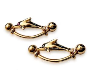 14K Gold Belly Bar- Solid Gold Dolphin Belly Button Ring - 14g Belly Ring Length is 16mm - Finest Quality Gold Body Piercing Jewelry