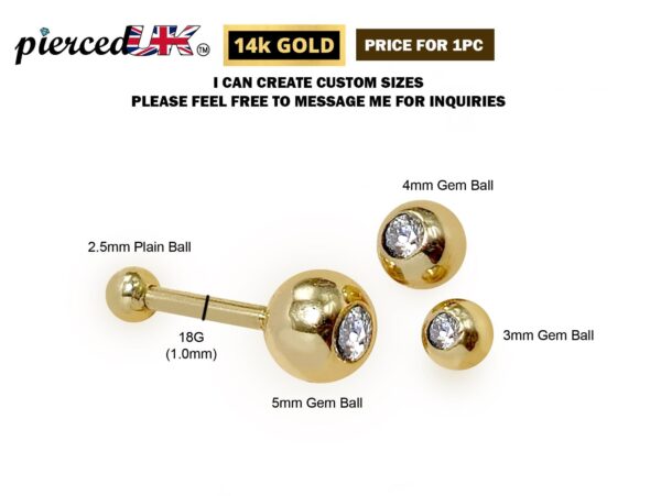 14K Solid Gold 18G Cartilage Barbell Earrings with Custom Size Gem Ball - Plain Ball Size 2.5mm - Body Jewellery - 1pc each Order