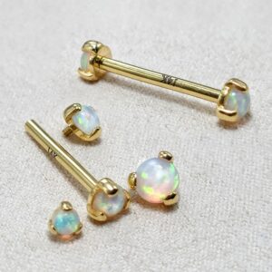 14K Solid Gold Nipple Barbell Jewellery with Opal Stone - Internally threaded - Body Piercing Also for Cartilage Earrings - 1pc each order