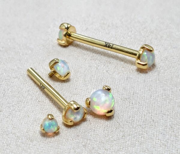 14K Solid Gold Nipple Barbell Jewellery with Opal Stone - Internally threaded - Body Piercing Also for Cartilage Earrings - 1pc each order