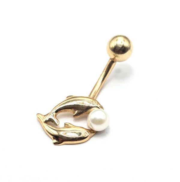 14K Gold Dolphin Belly Button Ring with Genuine Pearl 14G Navel Piercing size 10mm