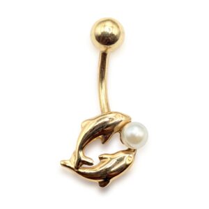 14K Gold Dolphin Belly Button Ring with Genuine Pearl 14G Navel Piercing size 10mm