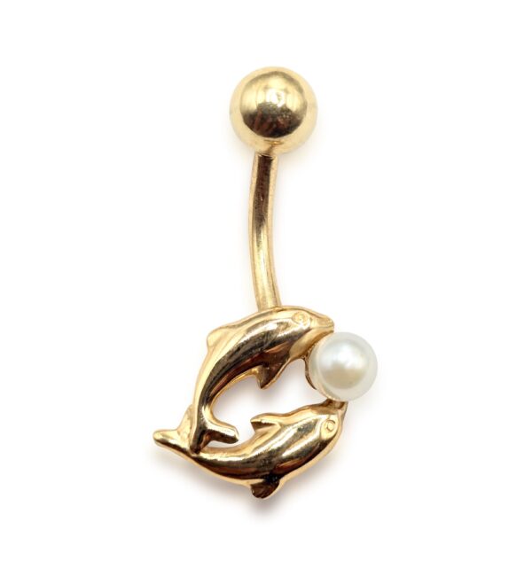 14K Gold Dolphin Belly Button Ring with Genuine Pearl 14G Navel Piercing size 10mm