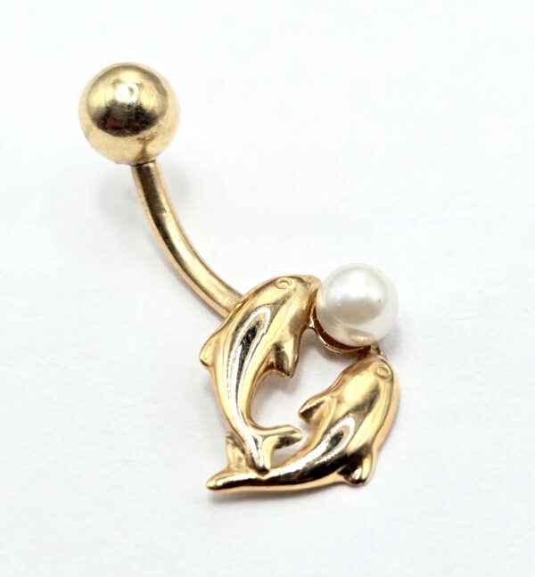 14K Gold Dolphin Belly Button Ring with Genuine Pearl 14G Navel Piercing size 10mm