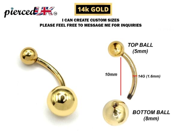 14K Solid Gold Belly Bar - 4.6 grams 14G Navel Ring - Body Piercing 10mm Belly Button Jewelry - Both Ball Screws Out